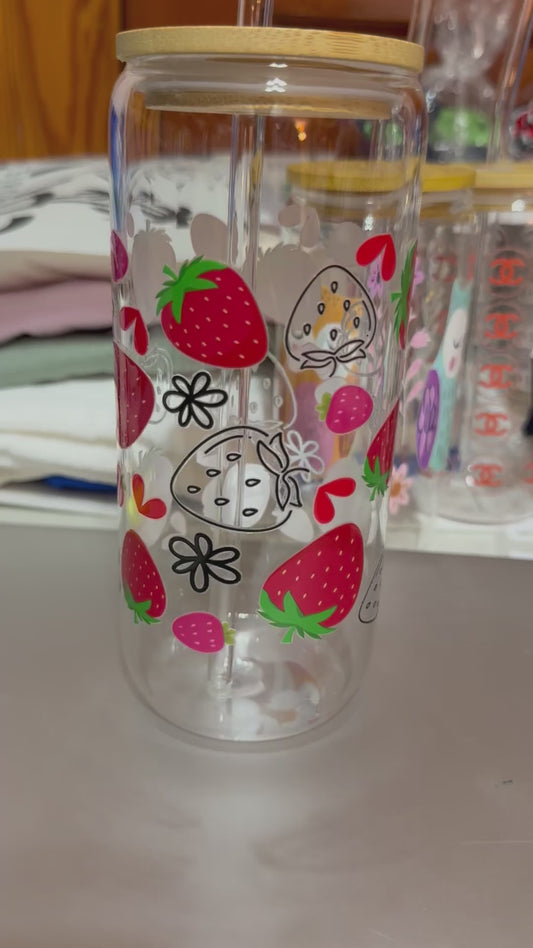 STRAWBERRY GLASS CUP WITH GLASS STRAW
