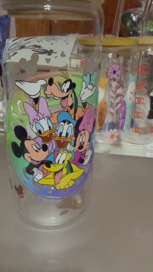 MICKEY MOUSE GLASS CUP WITH GLASS STRAW