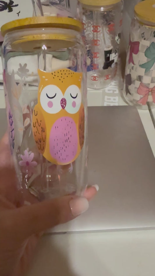 OWL GLASS CUP WITH GLASS STRAW